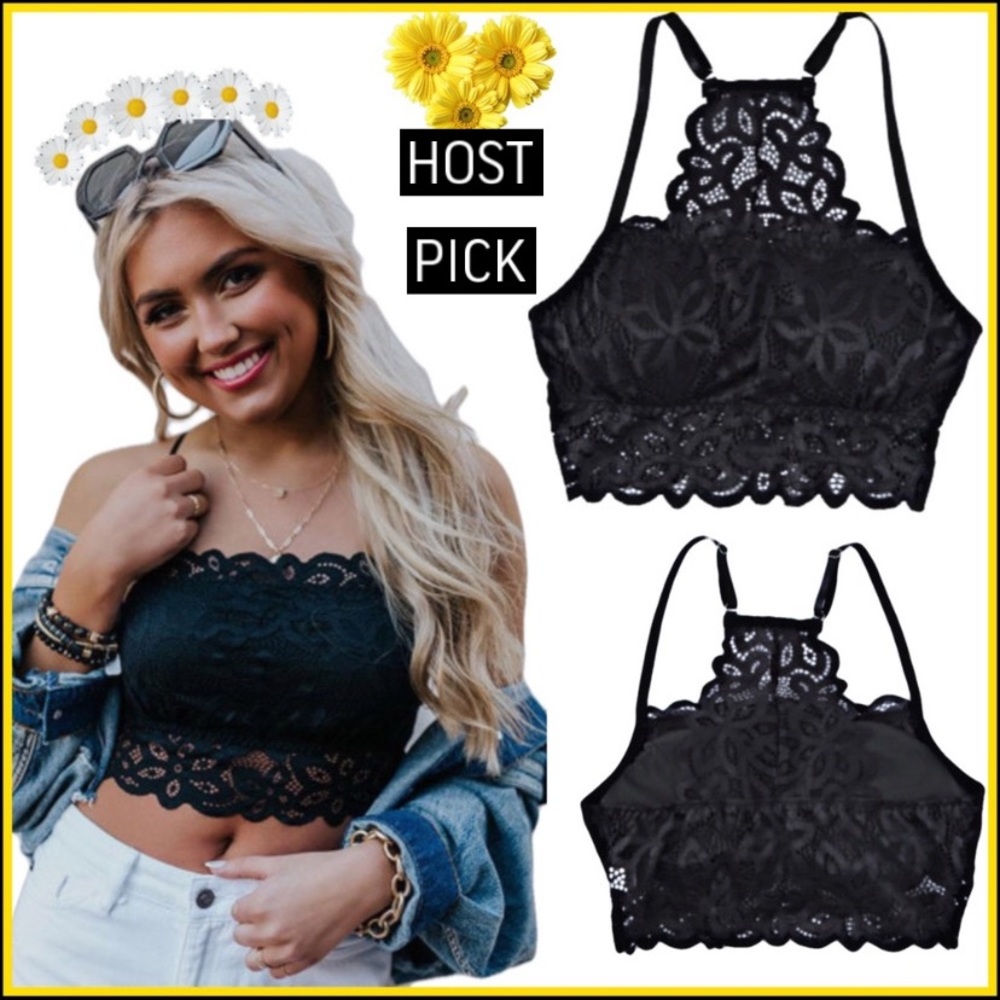 BLACK LACE FLORAL CROCHET SPAGHETTI-STRAP BRALETTE Sz MEDIUM